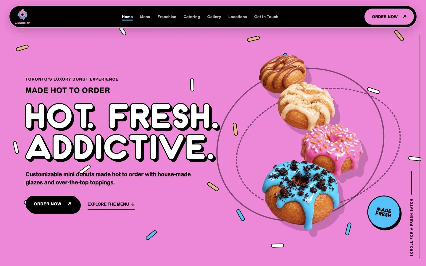 Product X's 6ix Donutz redesign concept: pink brand colours, large donut photography, and prominent Order Now and menu links