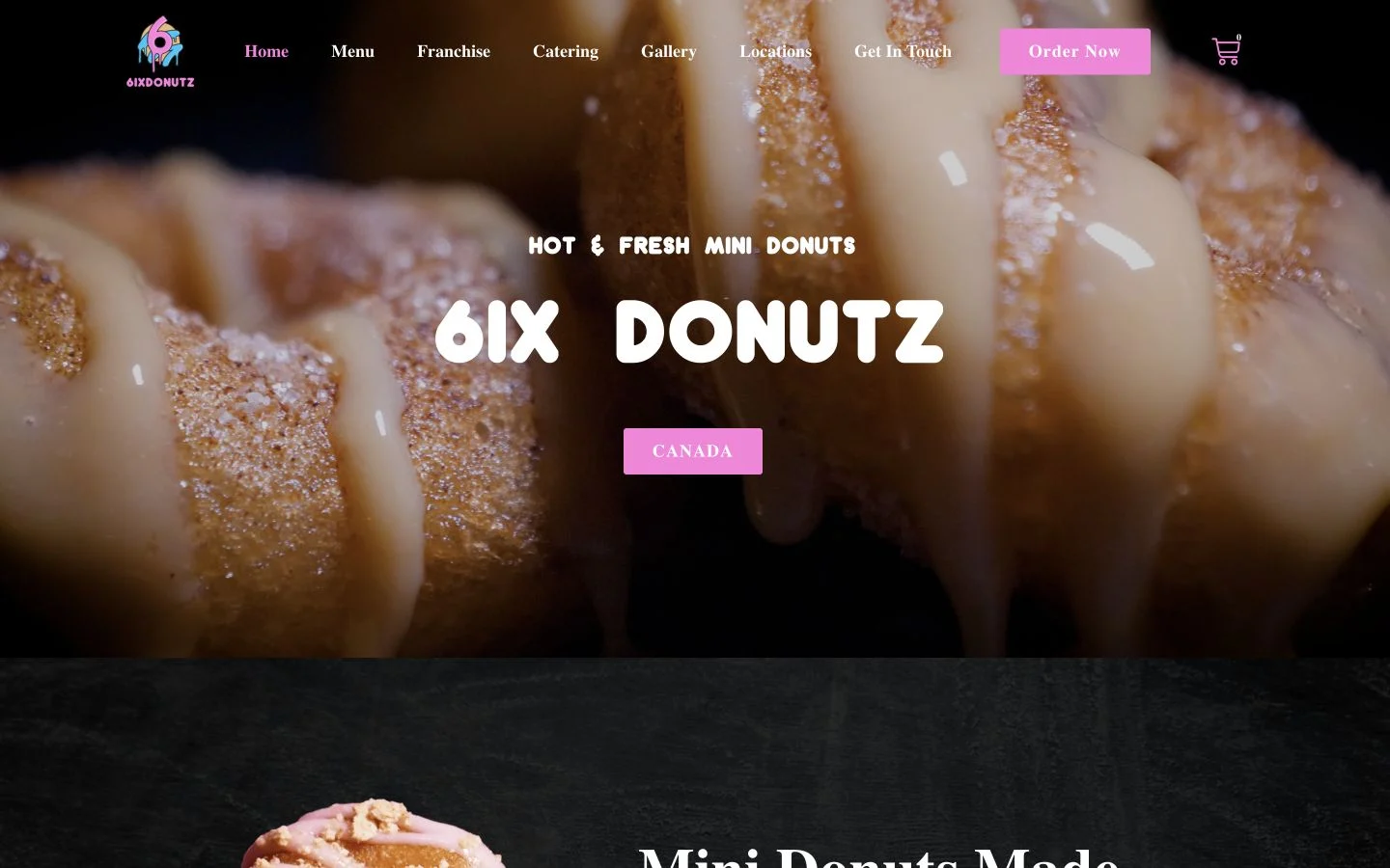 The current 6ix Donutz homepage, captured September 7, 2026, with a photographic background and Canada button